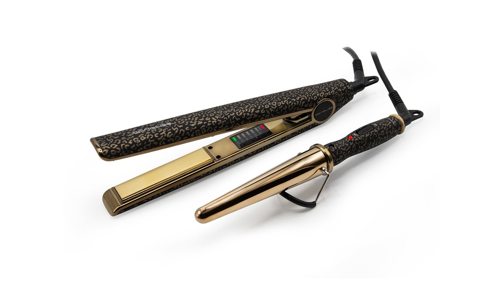 PLANCHA C1 DIGITAL GOLD LEOPARD + TENACILLA GLAMOUR WAND MINI KIT CORIOLISS hasta fin de existencias